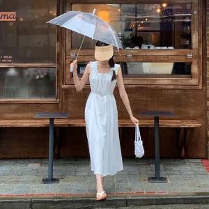 셔링 민소매 디자인의 스트랩세트 롱 원피스 op14152