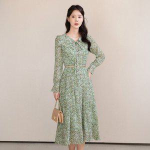 [시크라인] 라베 플라워 타이넥 쉬폰 벨트 원피스