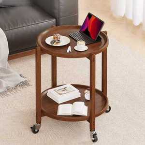 원형 원목 트롤리 카트 이동식 와인 나무 협탁 우드 웨건 2단