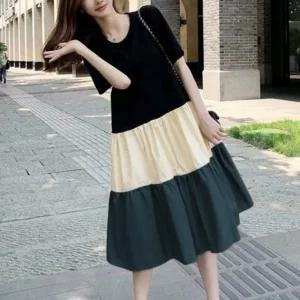 배색 여름 원피스 휴양지 바캉스 여성 반팔 롱 원피스 (WFHUNJF)