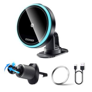 Essager 마그네틱 차량용 충전기 LED 라이트 맥세이프 15w 고속 무선충전+송풍구형 거치대