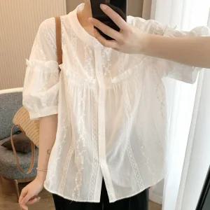 여성 차이나 펀칭 프릴 레이스 반팔 블라우스 MSE-WBL-20704-아이보리