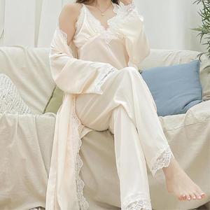 [모드제니] 레이스 실크 나시 긴바지 가운 로브 3p 세트 신혼부부