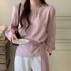 웨이즈 셔링 라운드 타이 블라우스 봄 가을 하객룩  데이트룩