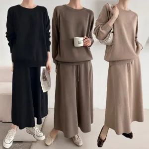 여성 봄 가을 비스코스 라운드 니트 밴딩 롱 스커트 세트 니트치마세트 SST0069S 빅사이즈 루즈핏