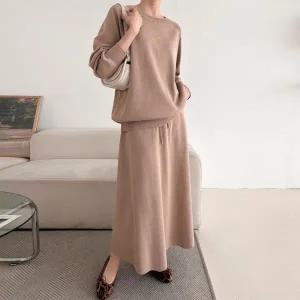 [문에이블]문에이블 비스코스 투피스 여자 맨투맨 가을 루즈핏 밴딩 치마 롱스커트 코디세트