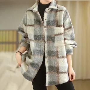 [퀸이즈][퀸이즈] 빅사이즈 페터 버튼 체크 뽀글이 카라 자켓