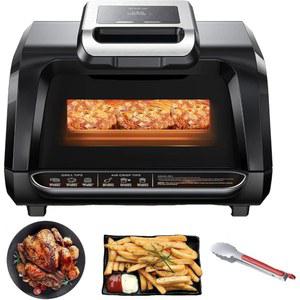 시스루 창문이 있는 실내 그릴 에어프라이어 콤보, 최대 450 F의 7-in-1 무연 전기 그릴, 논스틱 탈착식 플레이트가 1750W 접촉 고른 열, 실리콘 집게 선물, 4Qt