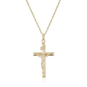 아마존 에센셜 14K 골드 충전 솔리드 베벨드 엣지 엠보싱 십자가 크로스와 체인 펜던트 목걸이, 18