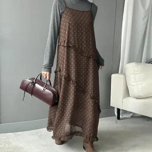 체크 쉬폰 뷔스티에 원피스 레이어드 롱원피스