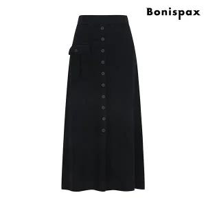 [보니스팍스]페이크 버튼 허리 밴딩 포켓 니트 롱 스커트 (XO4WH001L0)