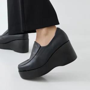 천연소가죽 마리나 통굽 웨지힐 슬립온 7.5cm