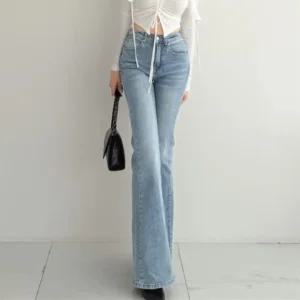 여성 워싱 나팔 미니멀리즘 로우라이즈 데님팬츠