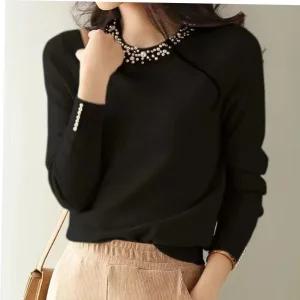 여자봄니트 여성 진주 라운드 넥 긴팔 봄 가을 니트 티 블랙