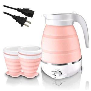 Qivine 접이식 여행용 주전자, 실리콘 휴대용 물 보일러 주전자 전기 600ML, 끓는 물을 담을 수 있는 냄비, 티 커피용 작은 캠핑 2컵(핑크색)