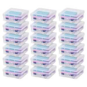 IRIS USA 필통 플라스틱 파우치 상자 비즈, 펜, 미술 용품 보관 정리함, 18팩, 주얼리용 스냅 뚜껑이 있는 쌓을 수 용기, 스티커, 태클 박스, 투명, 소형