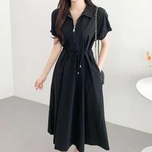 여성 퍼프소매 지퍼 반팔 롱원피스 1P 뒷면 셔링 치마 (WF3B2D8)