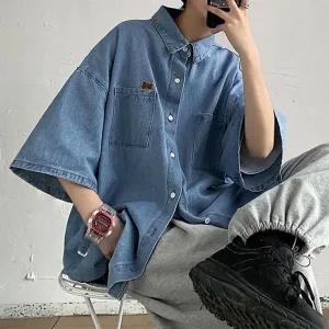 남성 반팔 데님셔츠 캐주얼 루즈핏 청남방 2컬러