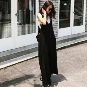 여성 멜빵점프수트 블랙 민소매 와이드 점프수트