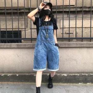 여성 2컬러 데님 멜빵반바지 귀엽곡 발랄한 청멜빵