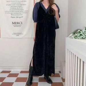 [하프클럽/]휴양지 여름 온나핏 롱니트 데님 하객 레이어드