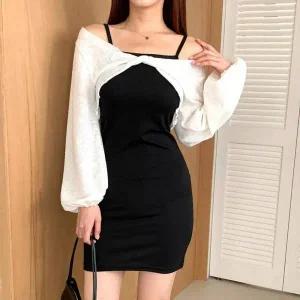 [하프클럽/]롱니트 미페스 긴팔 뷔스티에 끈원피스 여름 셔