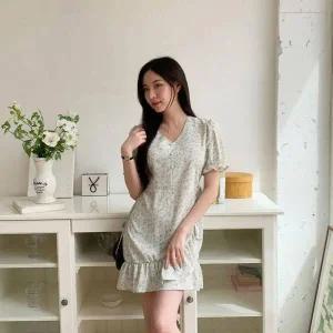 [하프클럽/]프릴 데님 뷔스티에 셔츠 앞단추 끈 원피스 하