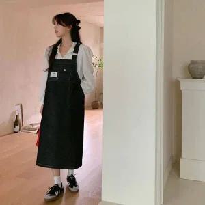 [하프클럽/]데님 하객 여성 원피스 롱니트 멜빵 뮤시란 트