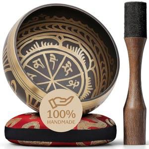 수제 티베트 에칭 싱잉 볼 세트 - 쿠션, 망치 및 가이드가 포함된 사운드 & 명상 영적 치유 제품 목욕 키트 휴대용 테라피 도구