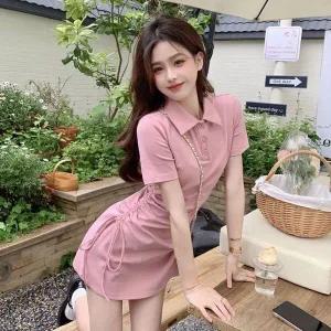 [하프클럽/]반팔 카라 셔링 미니 여름 원피스 슬림핏 캐주얼