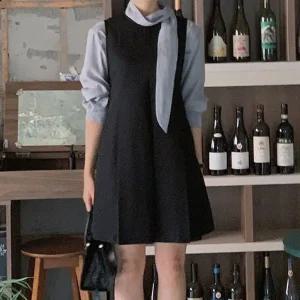 [하프클럽/]라운드넥 핀턱 주름 레이어드 나시 원피스