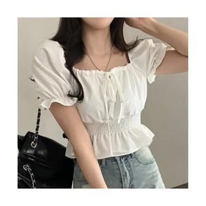 예쁨시전 오프숄더 가능 리본 셔링 크롭 반팔 블라우스