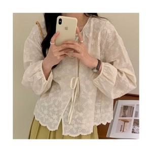 여성 리본 플라워 자수 긴팔 셔츠