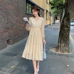 긴팔원피스 주름원피스 봄여름원피스 프릴디테일플 (WFKMNYH)