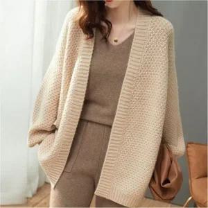 여성 노버튼 오픈형 루즈핏 와플짜임 니트 가디건 간절기 아우터