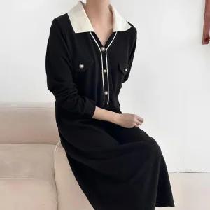 여자 겨울하객룩 빅사이즈 배색카라 롱원피스