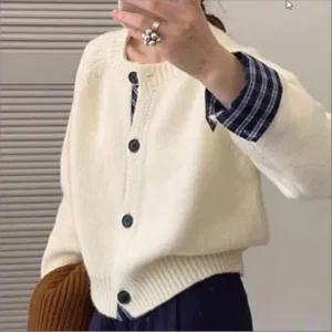 여성 페이크 체크셔츠 소매 레이어드 니트 가디건 라운드넥 5색