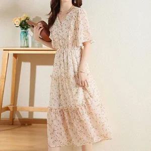 [하프클럽/]꽃무늬 슬리브 놀군 벨 반팔원피스 플레어원피스