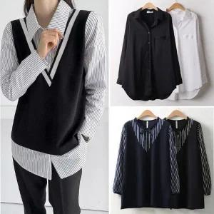 여성큰옷 빅사이즈 카라 남방 배색 스트라이프 롱 셔츠 봄 여름 중년 미시 엄마