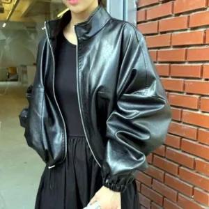 여성 벌룬 오버핏 자켓 스포티 레더 라이더 캐주얼