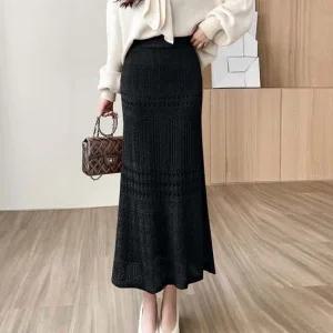 롱스커트 F006613_(밴딩) 레이스니트 롱스커트 펀칭니트치마