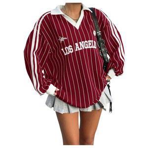 SOLY HUX 여성용 오버사이즈 티 스트라이프 레터 프린트 Y2k 저지 T 셔츠 칼라 V넥 긴팔 루즈 상의