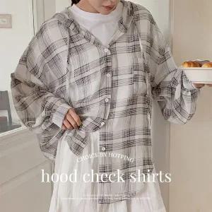 핫핑 카인더 오버핏 스트링 후드 체크 긴팔셔츠