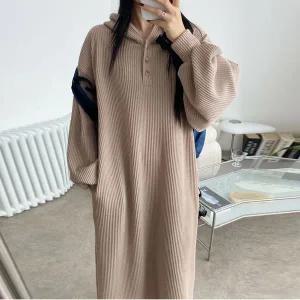 [하프클럽/]니트 조직 골지 후드 버튼 롱 원피스 빅사이즈 겨울