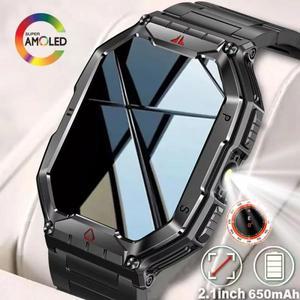 남성용 내구성 군용 GPS 스마트 워치 2.1 인치 AMOLED HD 스크린 심박수 블루투스 통화 방수 야외 스마트