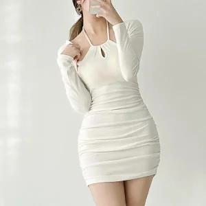 /옷자락 여자 홀터넥 셔링 타이트 키홀 미니원피스