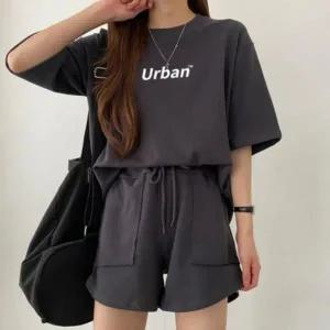어반 여성 여름 트레이닝복 캐주얼 반팔 반바지 세트 (WFHUNJH)