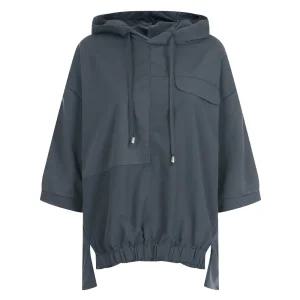 여성 유니크 밑단 언발 밴딩 배색 절개 후드 반팔 티셔츠 RBE-WSH-20594-차콜