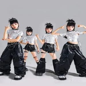 스트릿우먼 파이터 주니어 방송 댄스복 여아 초등학생 실버 블랙 가죽 반짝이 펄 댄스의상 걸스힙합