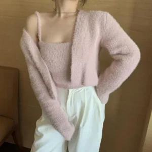 여성 앙고라 청순 가디건 나시 겨울 투피스 크롭 세트 (WFGDJBA)